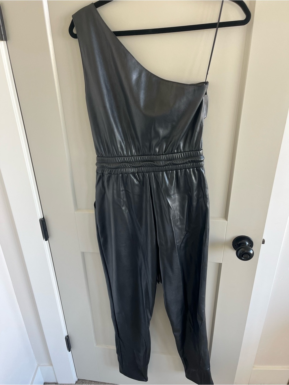 MOTHER the landslide One-Shoulder Black Faux Leather Jumpsuit small excellent - Picture 6 of 9